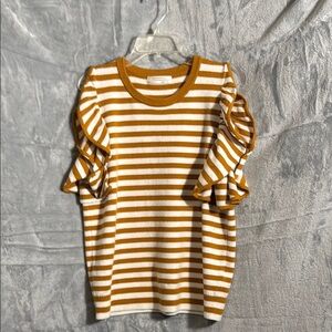 NWT Anthropologie Jillian flutter sleeve sweater women’s large gold white stripe